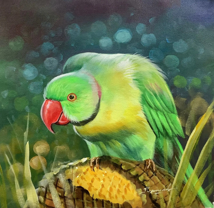 Parrot Painting (ART-3319-112429) - Handpainted Art Painting - 24in X 24in