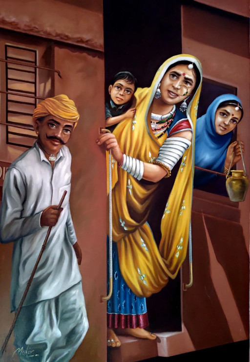 Train Se Dekhti Hui Lady (ART-1090-112452) - Handpainted Art Painting - 24in X 36in