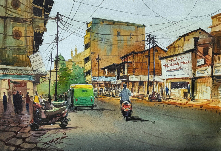 Rustic Rhythms Of The City (ART-8116-112563) - Handpainted Art Painting - 15in X 11in