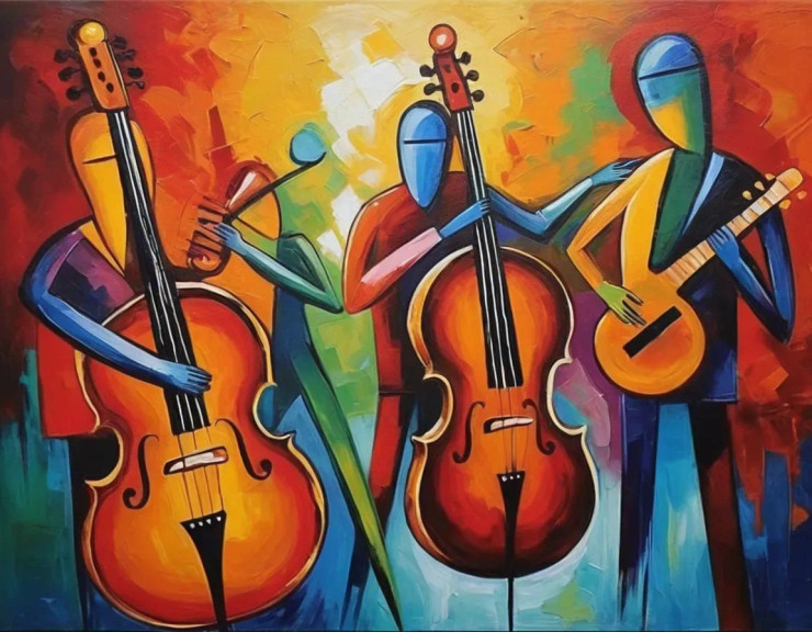 Musical Abstract Figures (ART-3319-112555) - Handpainted Art Painting - 36in X 24in