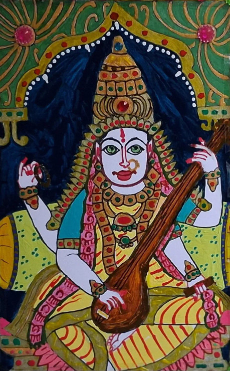 Ma Saraswati - Tanjore Styled Artwork (PRT-16319-112559) - Canvas Art Print - 19in X 30in