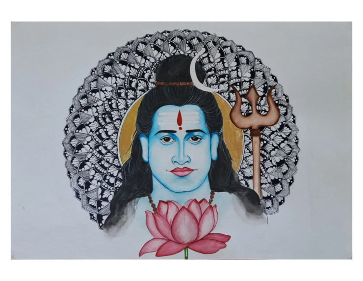 Mandalaart With Shivji Watercolour Painting (ART-17084-112581) - Handpainted Art Painting - 16in X 11in