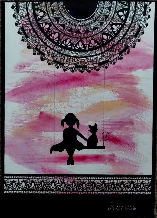 Mandala Art Of Cute Girl With Cat (ART-17118-112607) - Handpainted Art Painting - 8in X 11in