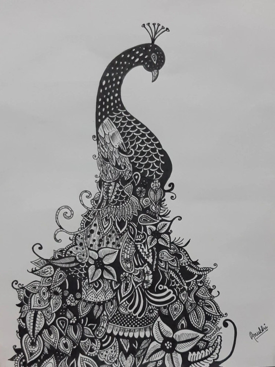 The Majestic Peacock – Intricate Pen Art (ART-16203-112649) - Handpainted Art Painting - 8in X 12in