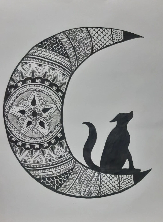Mystic Moon & Lone Wolf (ART-16203-112655) - Handpainted Art Painting - 9in X 12in
