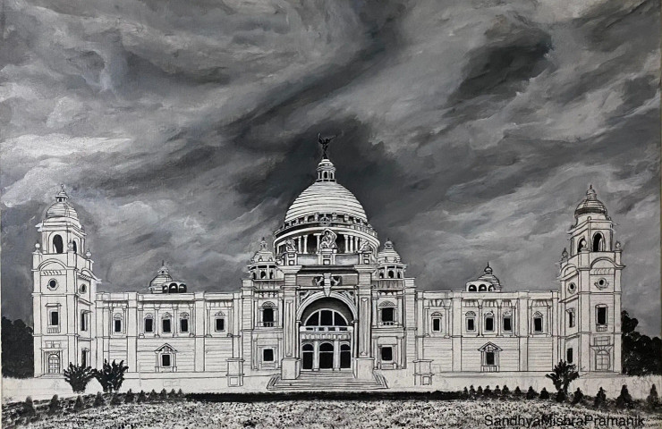 The Victoria Memorial Before Independence (ART-8370-112687) - Handpainted Art Painting - 36in X 24in