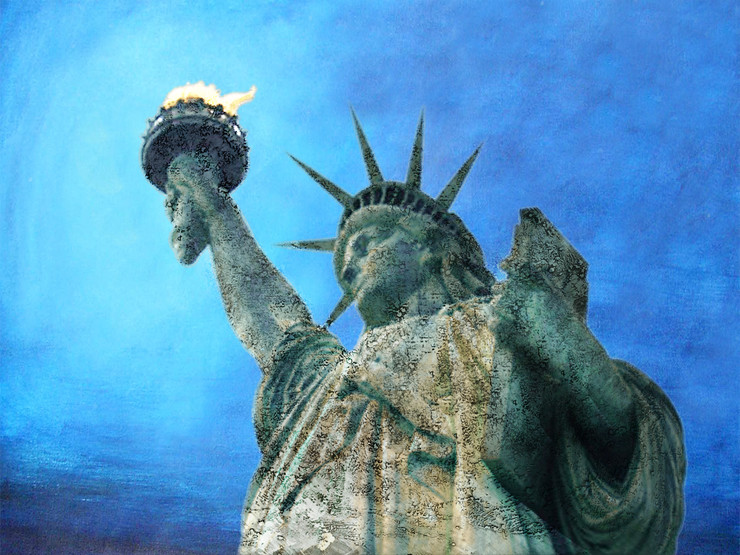 figurative painting, texture painting, blue shade painting, statue of Liberty painting
