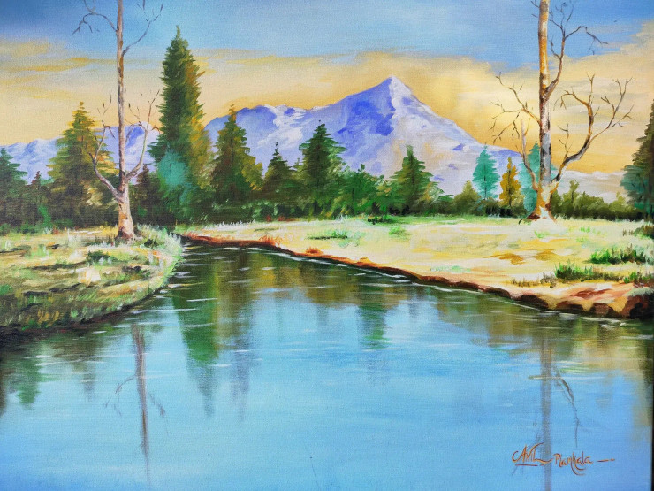 Handmade Nature Landscape Acrylic Painting - Vibrant Forest And River Scenery (ART-15795-112940) - Handpainted Art Painting - 36in X 30in