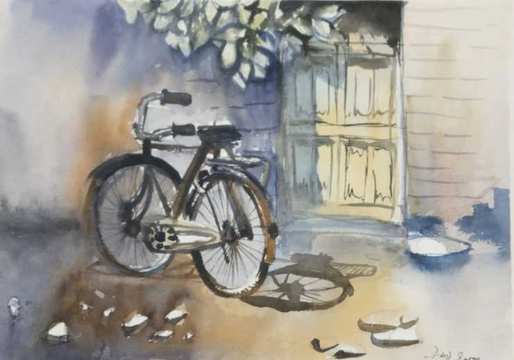Bicycle Painting (ART-16757-112991) - Handpainted Art Painting - 15in X 11in