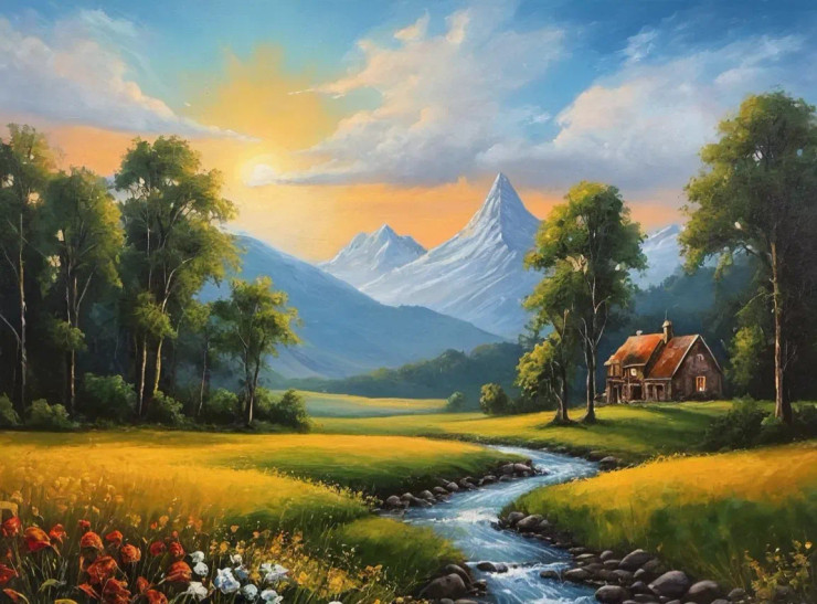 Nature's Sunrise Mountains Landscapes Painting (ART-3319-113054) - Handpainted Art Painting - 48in X 30in