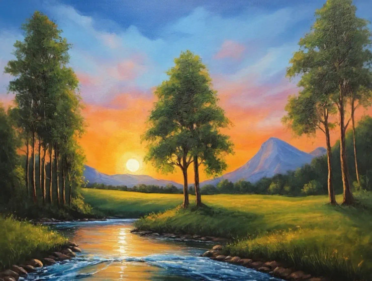 Sunrise Mountains Scenery Landscape Painting (ART-3319-113055) - Handpainted Art Painting - 48in X 30in