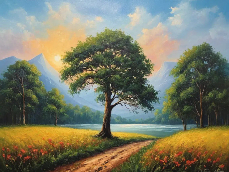 Nature's Heaven Mountains Scenery Landscape Painting (ART-3319-113057) - Handpainted Art Painting - 36in X 30in