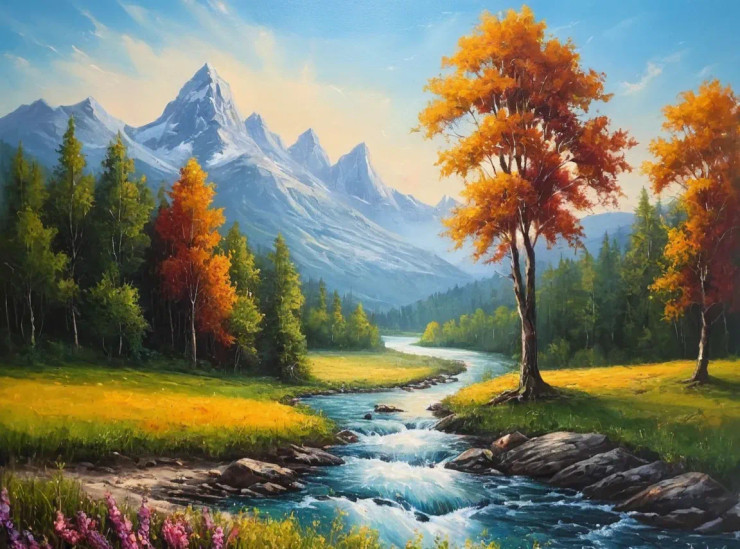 Nature's Heaven Mountains Scenery Landscape Painting (ART-3319-113072) - Handpainted Art Painting - 48in X 30in
