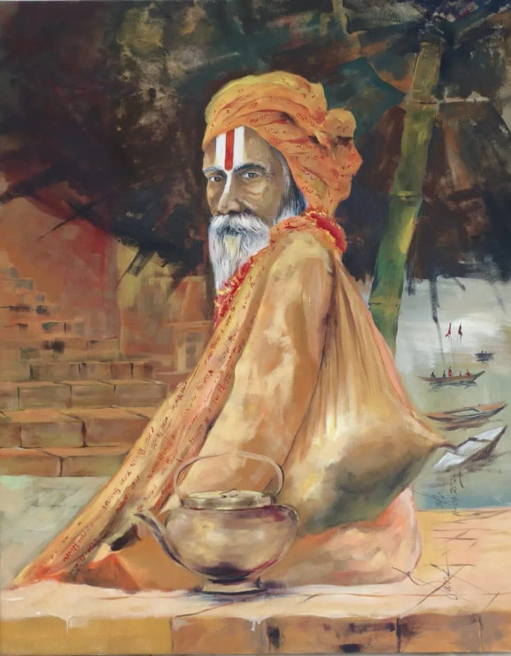 The Serene Saint – Varanasi Ghat Acrylic Painting On Canvas (ART-17207-113123) - Handpainted Art Painting - 24in X 30in