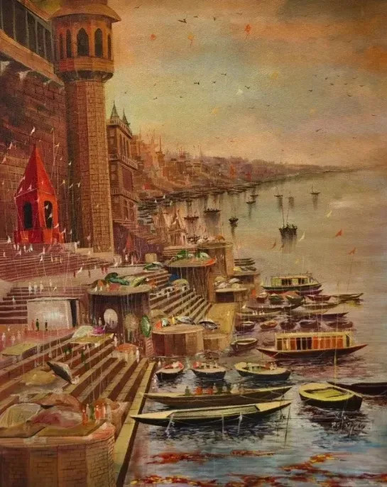 Varanasi Ghat | Spiritual Art | River Ganga Painting | Spiritual Handmade Acrylic Painting (ART-17207-113201) - Handpainted Art Painting - 24in X 30in