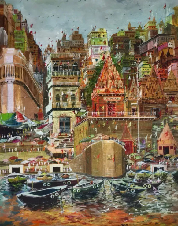 The Sacred Ghats Of Varanasi Acrylic Painting On Canvas | Spiritual Handmade Painting (ART-17207-113161) - Handpainted Art Painting - 24in X 30in
