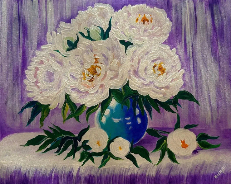 "Graceful Bloom: White Flowers In A Blue Vase" (ART-7381-113191) - Handpainted Art Painting - 22in X 18in