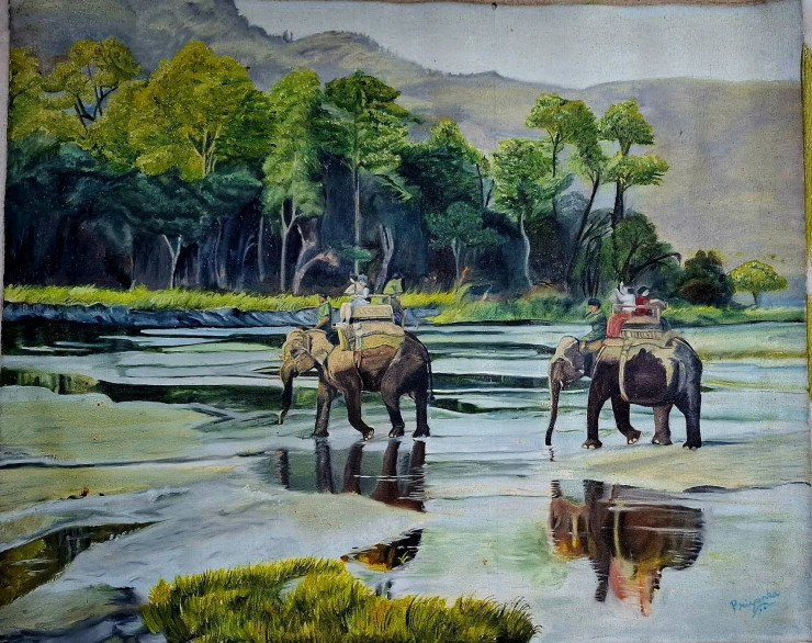 Elephant Safari (ART-1372-113190) - Handpainted Art Painting - 26in X 21in