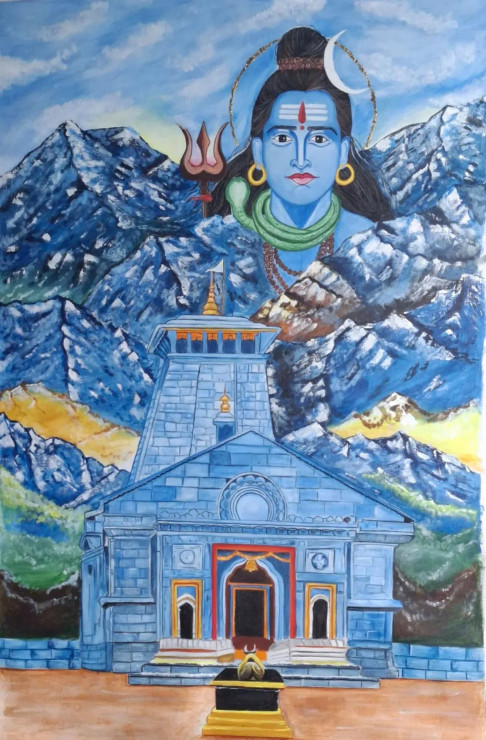 Kedarnath Temple With Shivji (ART-17084-113199) - Handpainted Art Painting - 24in X 36in