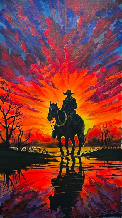 Equestrian | Rider At Sunset | Vivid Silhouette Art Handmade Painting (ART-7381-113263) - Handpainted Art Painting - 20in X 35in