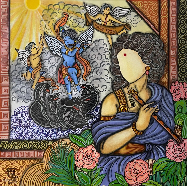 Pratisparsh(Χαίρε Κρίσνα=Hare Krishna)- Krishna In Greek Era (ART-7129-113270) - Handpainted Art Painting - 32in X 32in