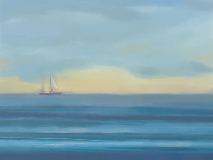 landscape, seascape, blue painting, boat