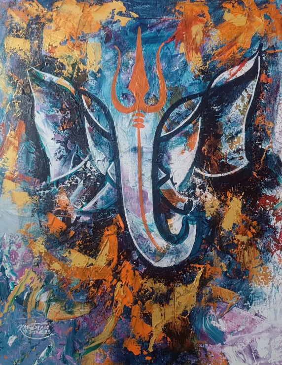 Divine Energy – Lord Ganesha With Trishul (ART-1230-113285) - Handpainted Art Painting - 20in X 26in