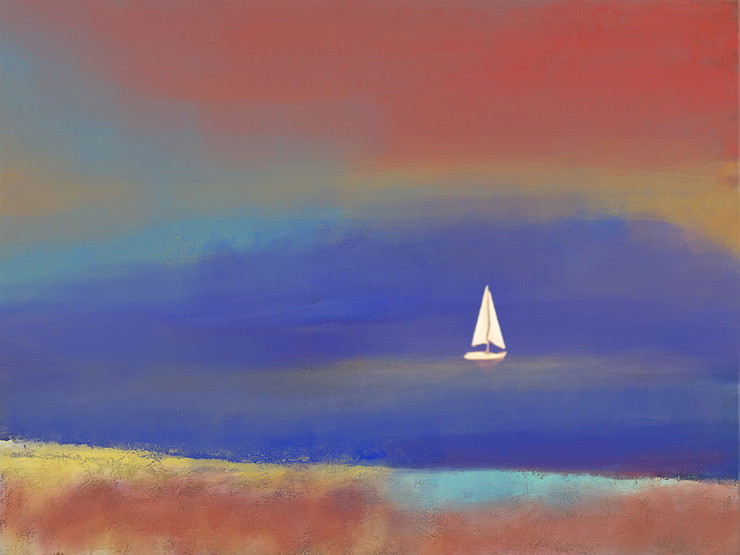 landscape, seascape, blue painting, boat, colorful texture painting