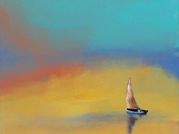 landscape, seascape, blue painting, boat, colorful texture painting, sailor's boat