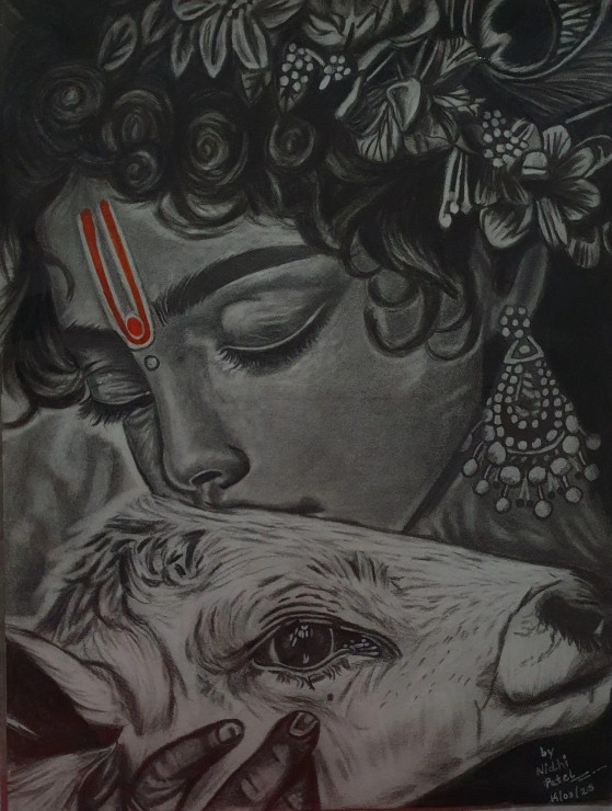 Sketch Of Shree Krishna (ART-16804-113348) - Handpainted Art Painting - 8in X 11in