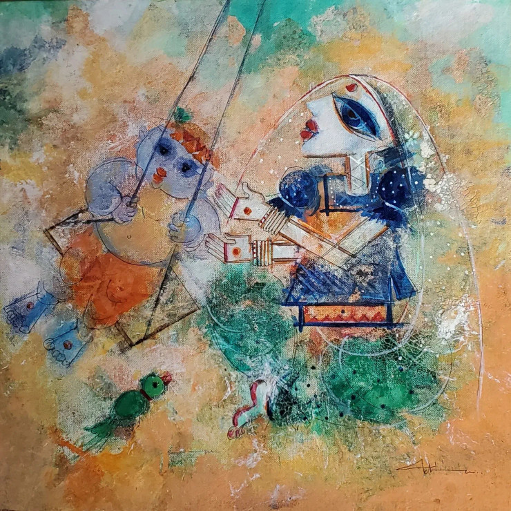 Krishna (ART-17229-113359) - Handpainted Art Painting - 20in X 20in