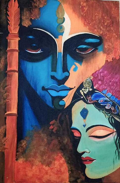 Radhe Krishna Traditional Indian Wall Art (ART-17193-113138) - Handpainted Art Painting - 70in X 50in