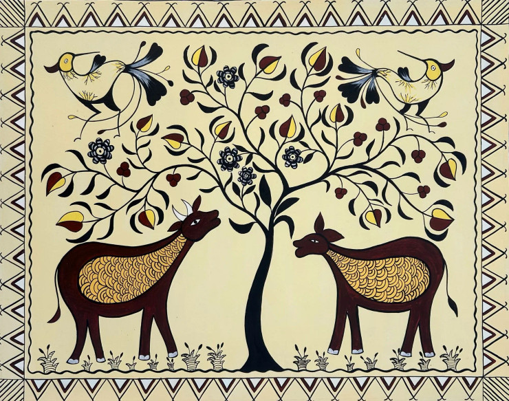 Deers And Birds || Sohrai Painting || Tribal Art (ART-16885-113423) - Handpainted Art Painting - 20in X 16in