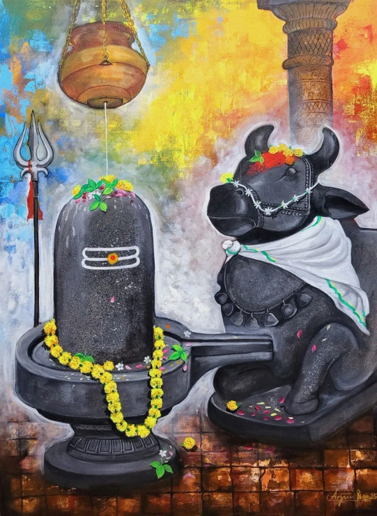 NANDI AND SHIVLING (ART-82-113441) - Handpainted Art Painting - 36in X 48in