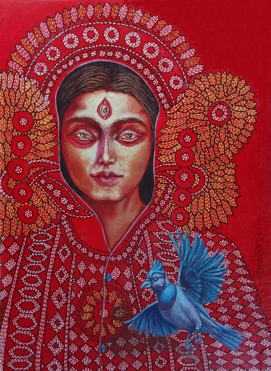 DURGA WITH BLUE BIRD (ART-17016-113407) - Handpainted Art Painting - 13in X 18in