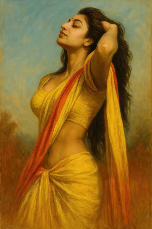 Serene Woman In Yellow Sari Contemplation (PRT-15697-113632) - Canvas Art Print - 40in X 60in
