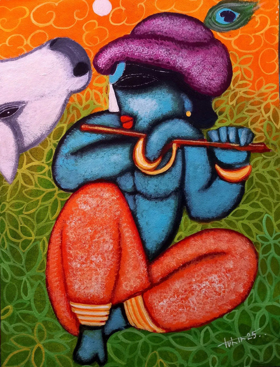 Krisha Playing Flute. (ART-16119-113512) - Handpainted Art Painting - 11in X 15in