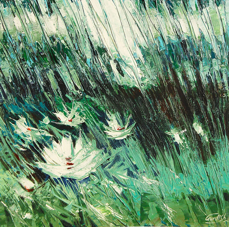 White Waterlilies Painting (ART-2571-113534) - Handpainted Art Painting - 18in X 18in