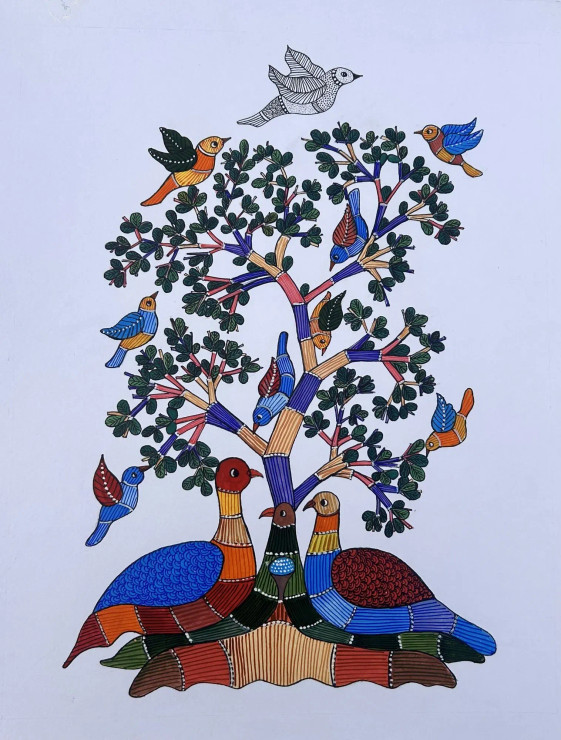 Peacock, Birds, And Tree ||  Gond Art (ART-16885-113621) - Handpainted Art Painting - 16in X 20in
