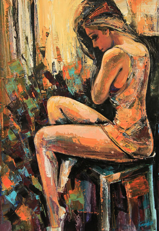 Her Loud Silence- Figurative Artwork (ART-2571-113515) - Handpainted Art Painting - 18in X 26in