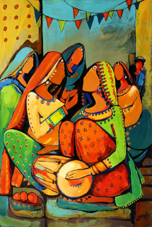 Punjabi Painting - Shaguna Di Raat (ART-2571-113586) - Handpainted Art Painting - 18in X 26in
