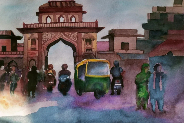Cityspace Painting (ART-16757-113547) - Handpainted Art Painting - 21in X 14in