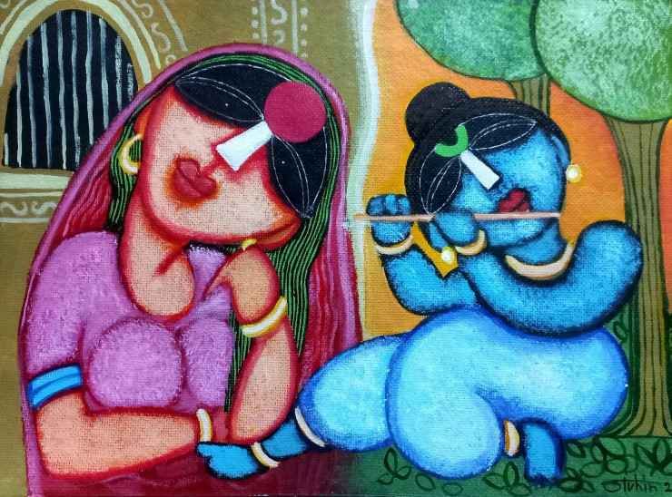 Radha & Krishna. (ART-16119-113516) - Handpainted Art Painting - 15in X 11in
