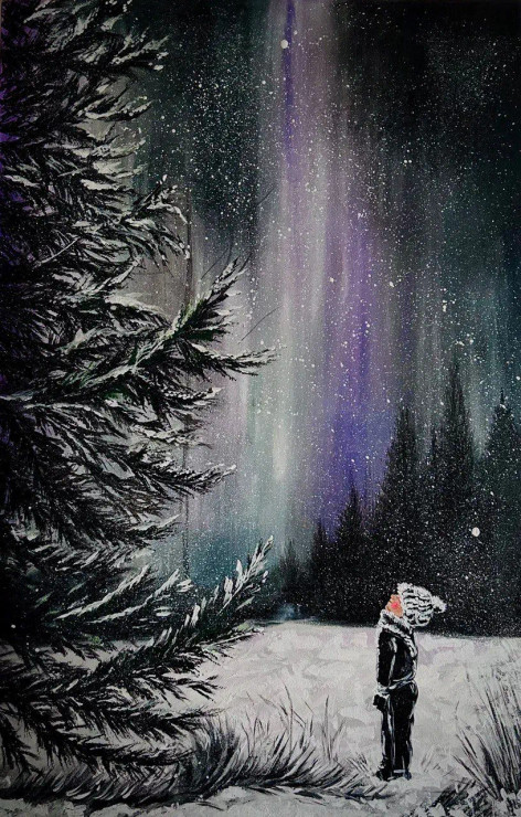 "Winter Whispers: A Child's Gaze"-Original Handmade Acrylic Painting (ART-7381-113618) - Handpainted Art Painting - 24in X 36in