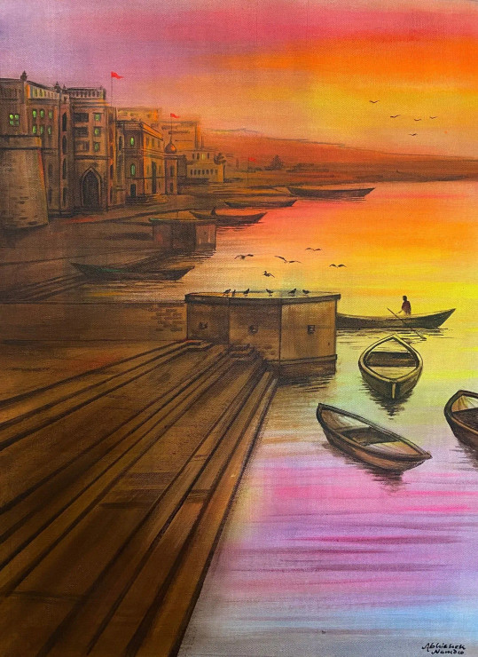 Banaras Ghat (ART-3512-113643) - Handpainted Art Painting - 19in X 26in