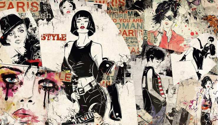 Strong Woman, Retro Style Collage Artwork (PRT_15922) - Canvas Art Print - 53in X 30in