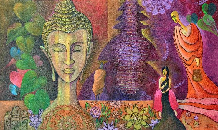 Lord Buddha And Sukeshini,(B2) Buddhist Stories, Jataka Tales, (ART-15639-113655) - Handpainted Art Painting - 30in X 18in