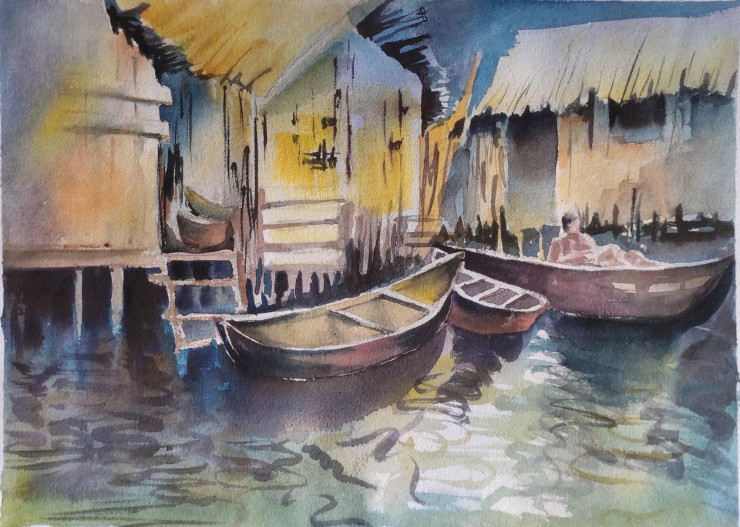 House In River (ART-16757-113668) - Handpainted Art Painting - 14in X 10in