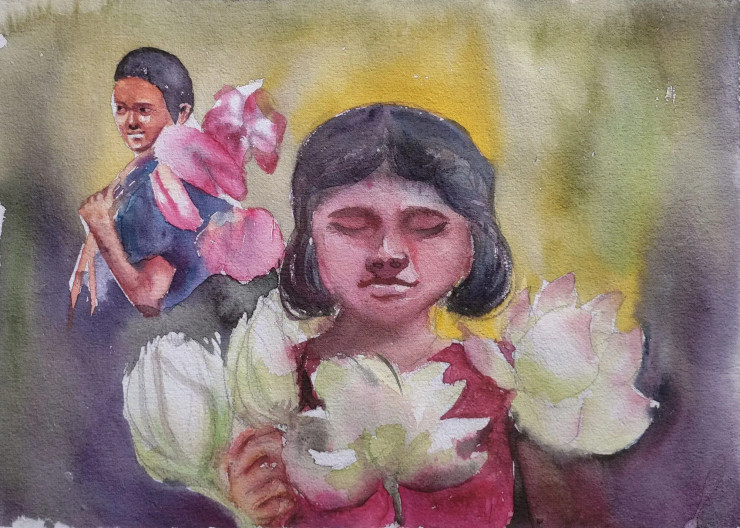 Little Girl (ART-16757-113698) - Handpainted Art Painting - 14in X 10in