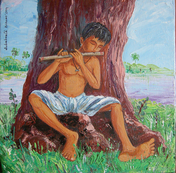 Rakhal, green, brown Paintings, Landscape and Seascape Paintings, trees, boy with flute